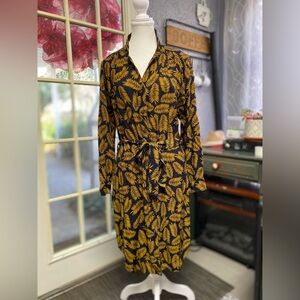Women's Long Sleeve Wrap Dress in Mustard Leaf Print